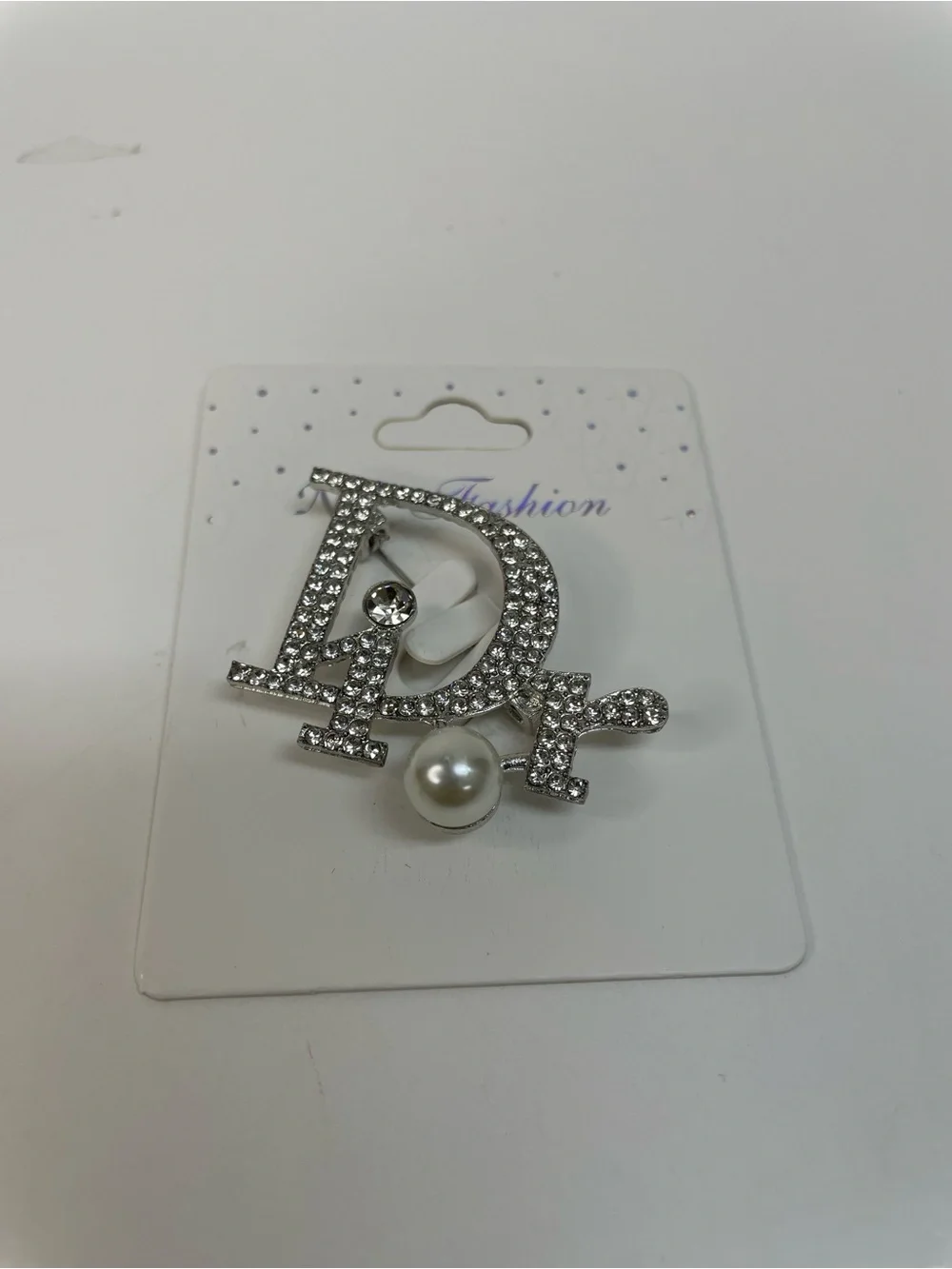 Fashion Silver-Tone Crystal 'D' Brooch with Pearl Accent